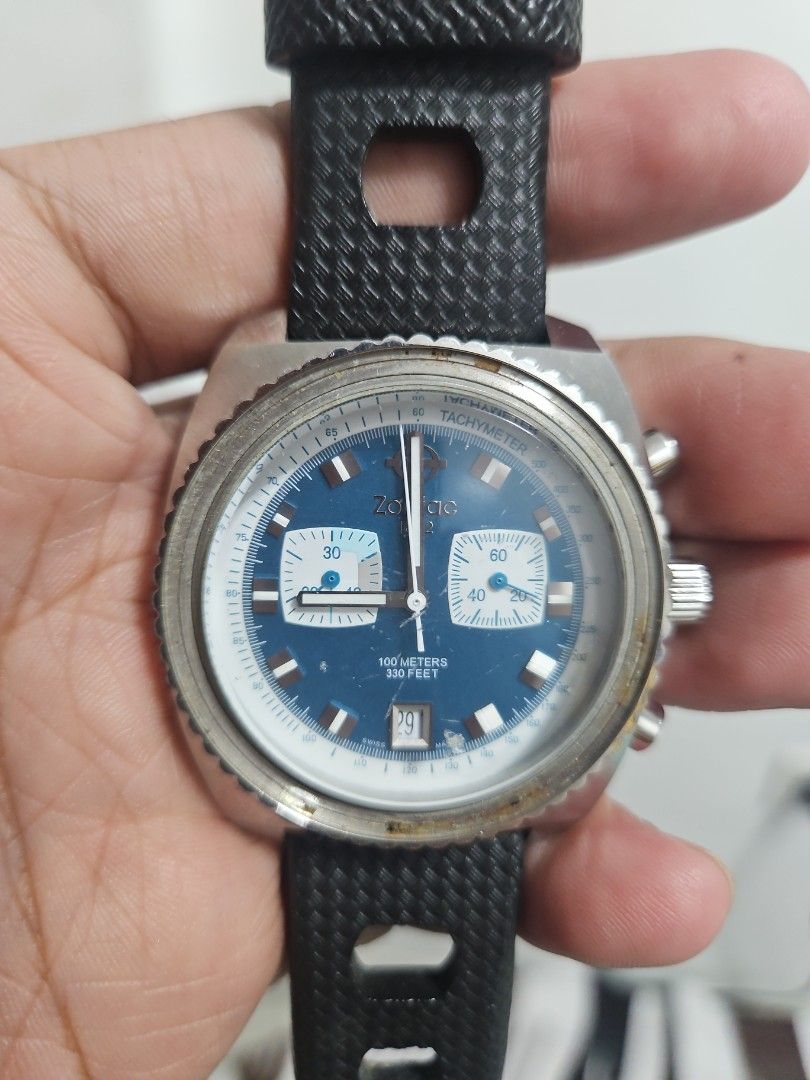 Zodiac Sea Dragon Chronograph Watch (Category: Men's Watches) located in Santa Maria. Submitted by rommelmateo (Listing ID 1454103269, Image 1). Description: - Vintage Zodiac Sea Dragon chronograph watch - Striking blue dial with white sub-dials - Functional tachymeter bezel - Water resistant up to 100 met ers / 330 feet - Durable stainless steel case - Comes with a black rubber strap - Serial number: Z02264 as is where is.