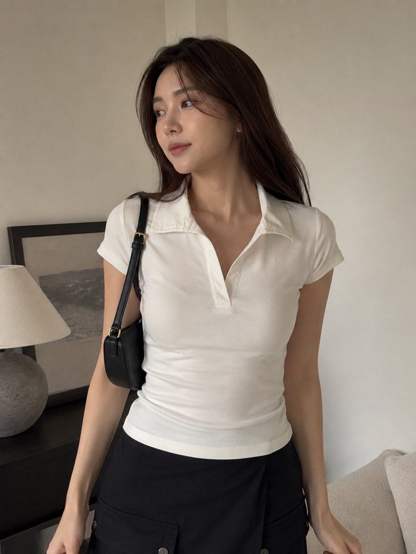 alright then collared polo shirt top - white (Category: Blouses) located in Bulacan. Submitted by modamuze (Listing ID 1447558193, Image 1). Description: fits small to medium frame thick fabric.
