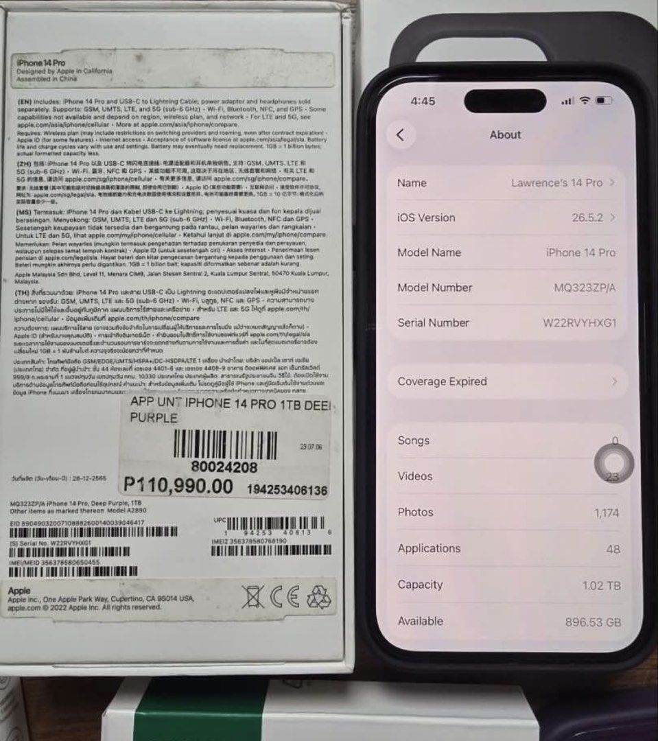 Apple iPhone 14 Pro 1TB Deep Purple FU NTC (Category: iPhone 14 Series) located in Quezon City. Submitted by joethemang0 (Listing ID 1454215595, Image 3). Description: Apple iPhone 14 Pro 1TB Deep Purple FU NTC Actual Photos posted For sale only Comes with Box same imei Unit Orig lightning cable (unused) Sim ejector Original Apple Silicon Case Generic Violet case Extra lightning cables No dents Factory Unlocked NTC purchased at Beyond the Box las