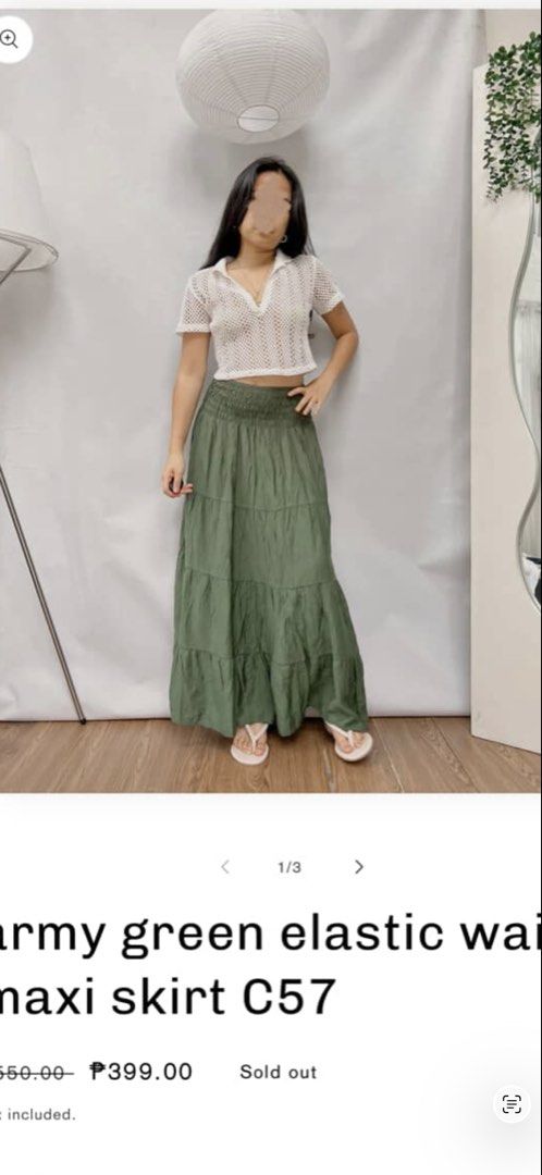 Army Green Elastic Waist Maxi Skirt (Category: Skirts) located in Cavite. Submitted by rrppreloved (Listing ID 1454213321, Image 1). Description: Can fit 22-32in waistline Bought for 399 from an ig thrift shop Used twice.