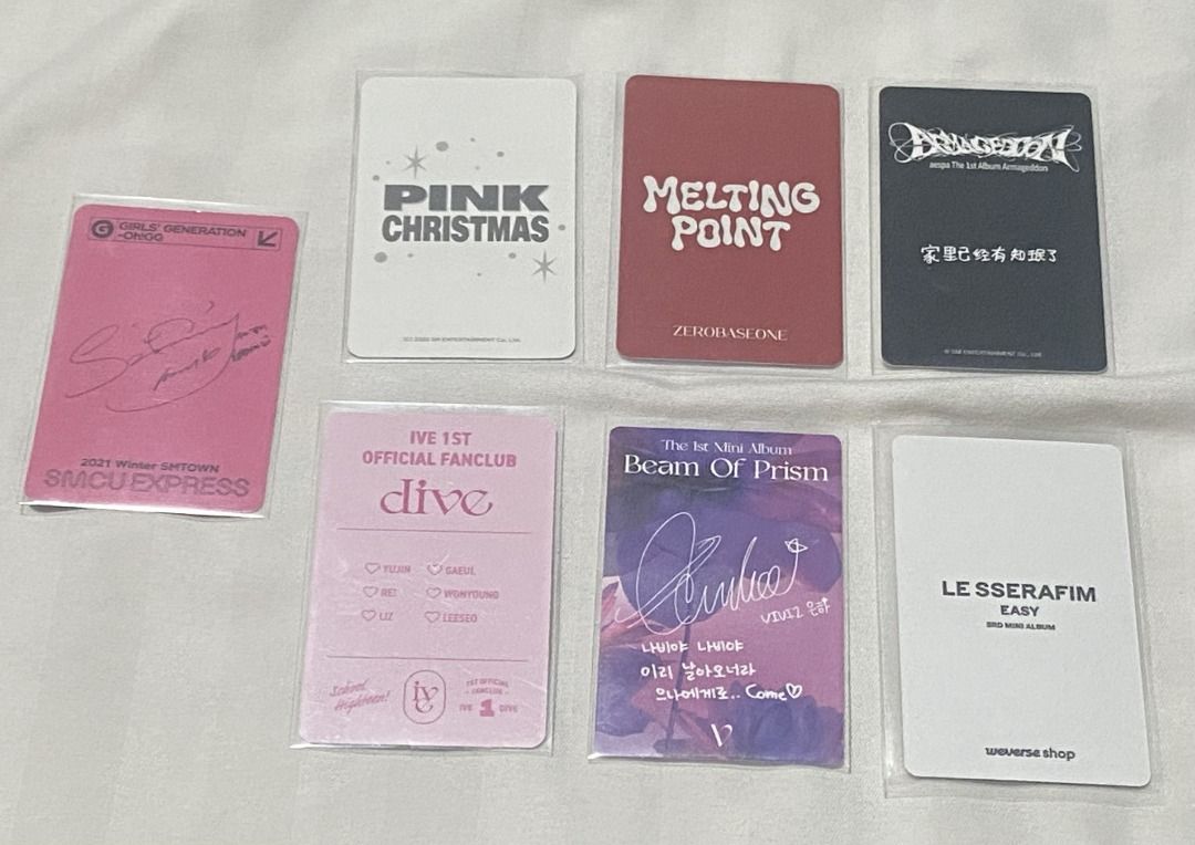 Assorted Kpop Photocards (Category: K-Wave Merchandise) located in Rosario. Submitted by vampkitsch (Listing ID 1454283896, Image 2). Description: ⤷ negotiable if payo | -₱100 if getting 2+ ⤷ some pcs have minor damage ⤷ dm me for more inquiries! ⤷ also willing to trade to kazuha lollipop.