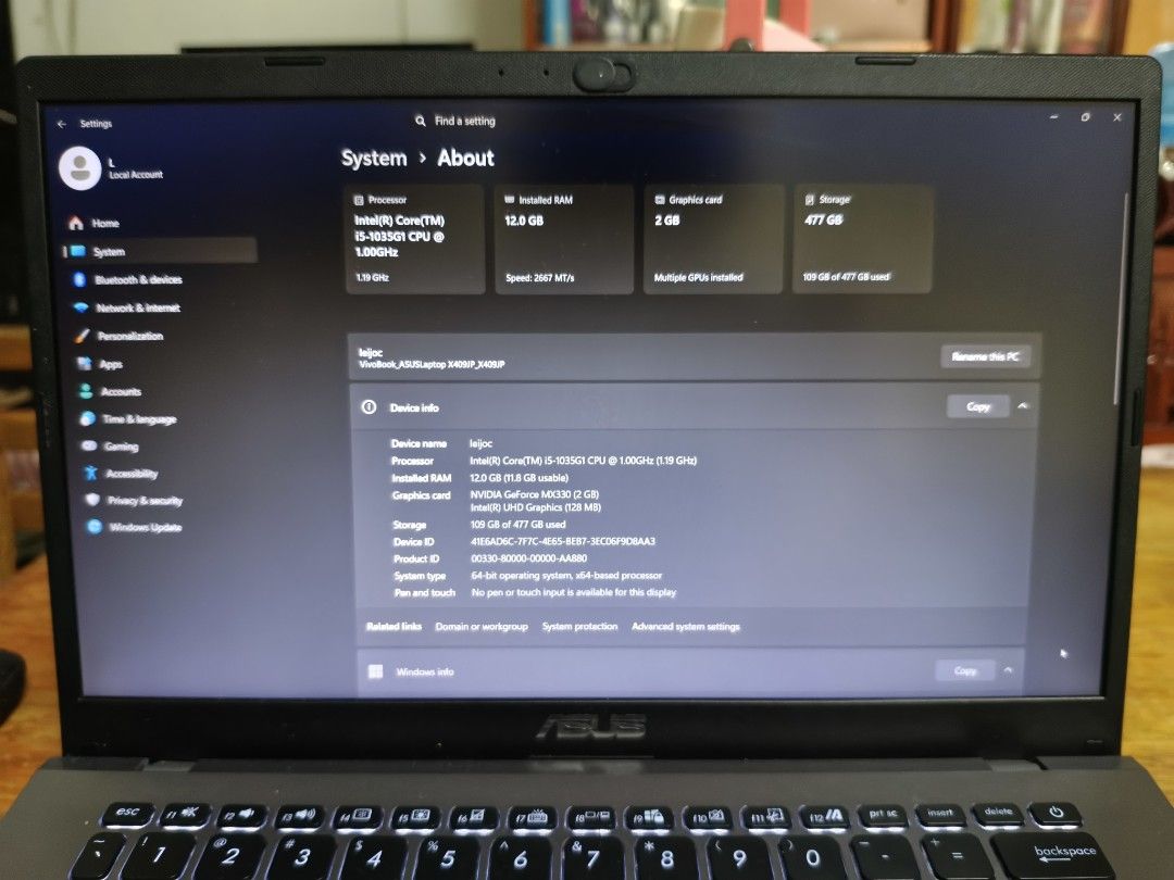 ASUS VIVOBOOK X409JP-ALL IN (Category: Laptops & Notebooks) located in Cabuyao City. Submitted by zenmoon.2d7a45 (Listing ID 1454340575, Image 2). Description: - ASUS VIVOBOOK X409JP - Intel Core i5-1035G1 CPU - 12GB RAM - 512GB Storage - Includes brandnew magnetic keyboard - Includes inphic silent mouse - Includes charger - Ideal for work and gaming negotiable for sure buyer.