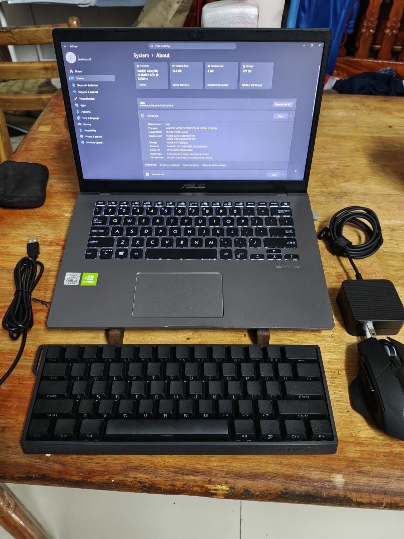 ASUS VIVOBOOK X409JP-ALL IN (Category: Laptops & Notebooks) located in Cabuyao City. Submitted by zenmoon.2d7a45 (Listing ID 1454340575, Image 1). Description: - ASUS VIVOBOOK X409JP - Intel Core i5-1035G1 CPU - 12GB RAM - 512GB Storage - Includes brandnew magnetic keyboard - Includes inphic silent mouse - Includes charger - Ideal for work and gaming negotiable for sure buyer.