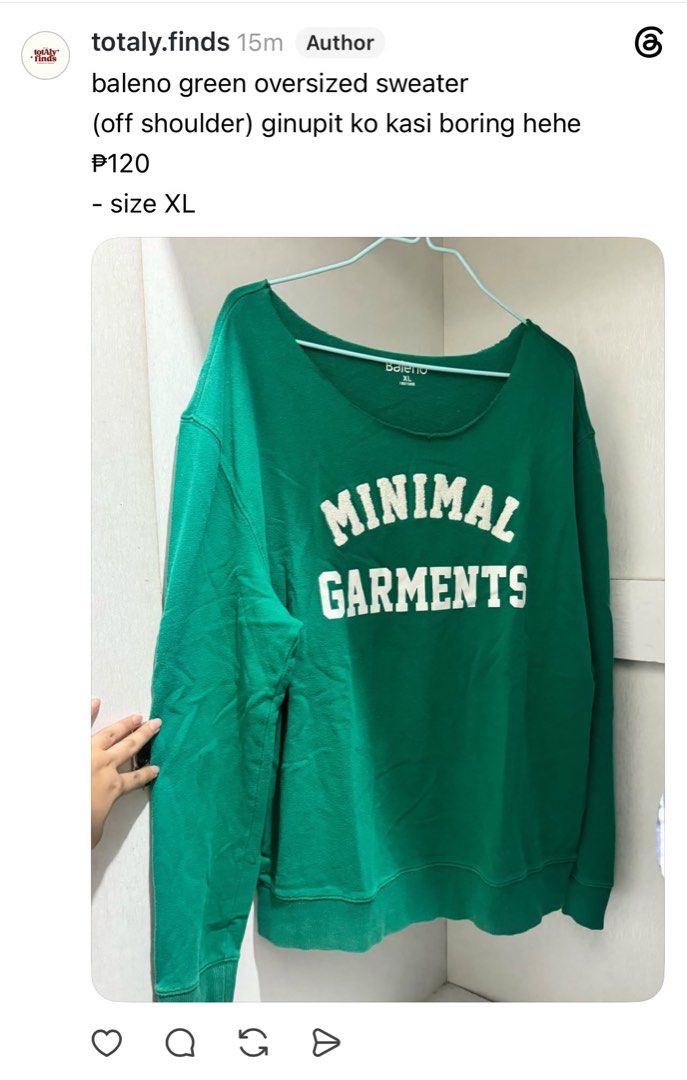 Baleno Green Oversized Sweater - Size XL (Category: Coats, Jackets and Outerwear) located in Mandaluyong City. Submitted by alyfm (Listing ID 1454313267, Image 1). Description: - Brand: Baleno - Item: Oversized Sweater - Color: Green - Size: XL - Condition: Good, neckline modified for off-shoulder style - Price: P120.