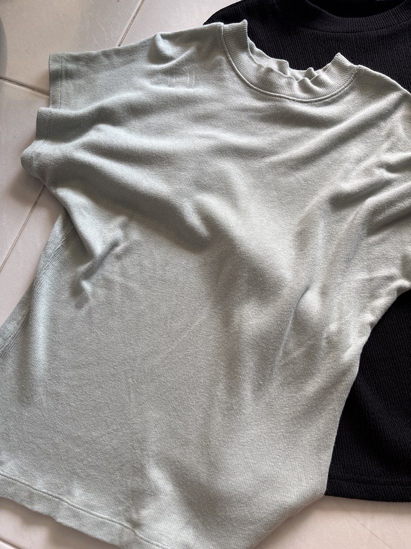 Basic tops (Category: Blouses) located in Singapore. Submitted by sugarsister (Listing ID 1454258158, Image 2). Description: $5 per piece Buy more eligible for discount:) Includes a light mint green ribbed top, a black ribbed square neck top, a navy blue knotted top, a black textured top, and a light peach ruched top. All tops are short-sleeved. Great for casual wear or dressing up..