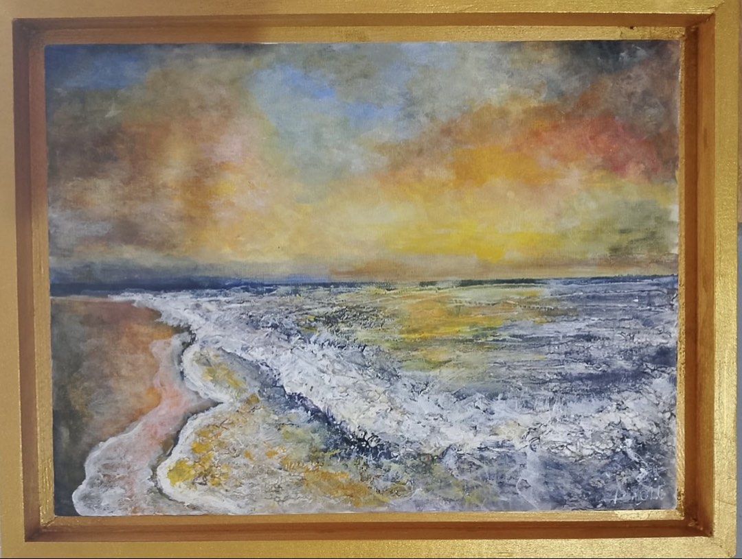 Beach Painting 3D (Category: Art & Prints) located in San Jose del Monte. Submitted by agoraartmarket (Listing ID 1454362915, Image 2). Description: “Dorset” 30 by 40cm, recently exhibited 3D beach painting artwork using impasto & acrylic On floating gold frame Free shipping within Metro Manila P4,000 Ready to hang! PTPA!.