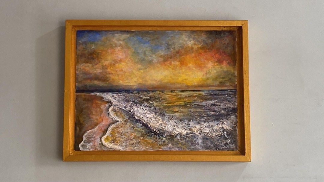 Beach Painting 3D (Category: Art & Prints) located in San Jose del Monte. Submitted by agoraartmarket (Listing ID 1454362915, Image 1). Description: “Dorset” 30 by 40cm, recently exhibited 3D beach painting artwork using impasto & acrylic On floating gold frame Free shipping within Metro Manila P4,000 Ready to hang! PTPA!.