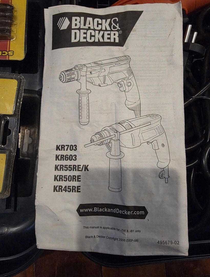Black & Decker Electric Drill with Drill Bit Set and Case (Category: Construction Tools & Equipment) located in Pasay City. Submitted by rsar888 (Listing ID 1454271142, Image 2). Description: - Black & Decker electric drill - Includes drill bits for wood and metal - Comes with manual - Original carrying case included for easy storage and transport - corded percussion hammer drill featuring a 13mm chuck and variable speeds - Ideal for home DIY pro