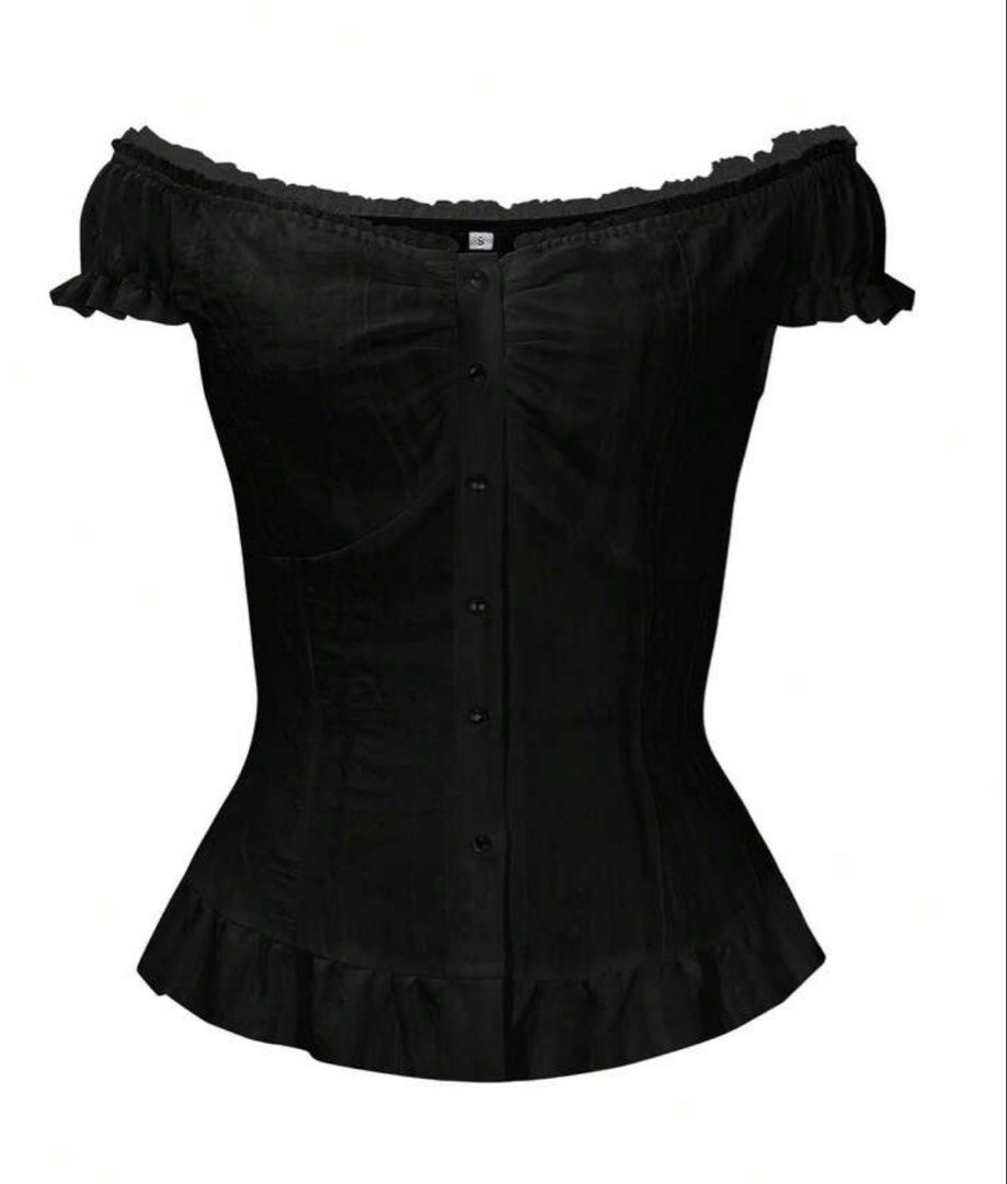 Black Off-Shoulder Ruffle Corset Top (Category: Others Tops) located in Bacolod City. Submitted by angelsantii (Listing ID 1454201044, Image 2). Description: - Chic black off-shoulder top - Features charming ruffles on neckline and hem - Functional buttons down the front - Textured ribbed fabric for a stylish look - Flattering fit that enhances your silhouette - Versatile piece: pairs perfectly with jeans or skirts.