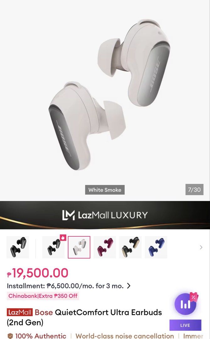 Bose Quiet Comfort Ultra 2 (Category: Headphones & Headsets) located in Pasig City. Submitted by gluxerare (Listing ID 1454256148, Image 2). Description: Rush Sale! Repriced! Original Price: 19,500 Super ganda ng sounds & very comfy! with case worth 600 Rfs: Too many headphones & gadgets.