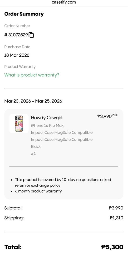 CASETIFY iPhone 16 Pro Max Case (Category: Cases & Sleeves) located in Malaybalay. Submitted by bahianic (Listing ID 1454301192, Image 3). Description: Howdy Cowgirl iPhone 16 Pro Max Impact Case MagSafe Compatible Minor signs of usage W/ box included Original price ₱3990 + sf Selling price ₱800 SF to be shouldered by the buyer.