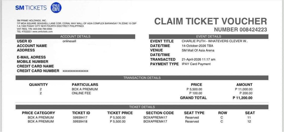 Charlie Puth “Whatever’s Clever” Concert (Category: Events Tickets) located in Quezon City. Submitted by chuunic (Listing ID 1454321523, Image 2). Description: Box A Premium 417 Can meet up : SM North Edsa RFS: Have another event to go to Unclaimed!!.