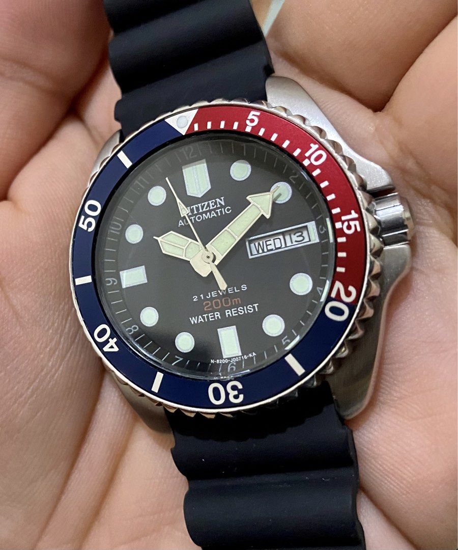Citizen Divers NY2300 automatic watch (Category: Men's Watches) located in Mandaluyong City. Submitted by watchtraderph (Listing ID 1454188624, Image 2). Description: For sale : Vintage Citizen divers Pepsi NY2300 Aftermarket dial, hands and insert Original movement, caliber 8200 ( newly serviced) original case Comes with bnew AM rubber strap no box and papers watch only Price: 3850 + sf Location: Mandaluyong meetup near shaw blvd. , lalamove or 