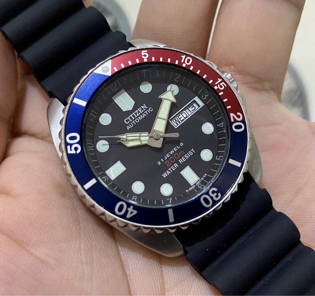 Citizen Divers NY2300 automatic watch (Category: Men's Watches) located in Mandaluyong City. Submitted by watchtraderph (Listing ID 1454188624, Image 3). Description: For sale : Vintage Citizen divers Pepsi NY2300 Aftermarket dial, hands and insert Original movement, caliber 8200 ( newly serviced) original case Comes with bnew AM rubber strap no box and papers watch only Price: 3850 + sf Location: Mandaluyong meetup near shaw blvd. , lalamove or 