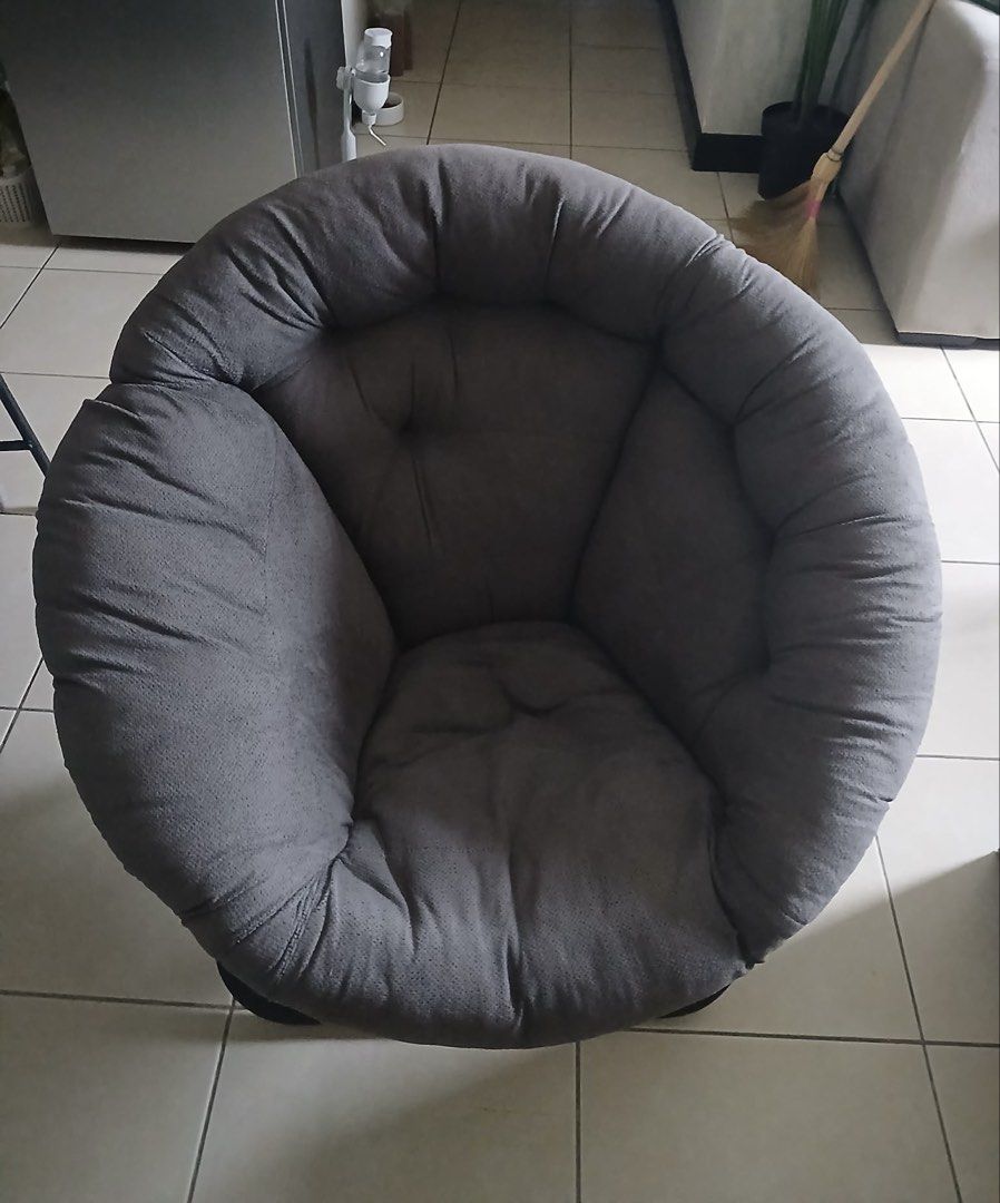Comfortable Grey Round Accent Chair (Category: Chairs) located in Makati City. Submitted by mnldecluttering (Listing ID 1454265549, Image 1). Description: Super comfy , foldable lounge accent chair Brand: Our Home Furniture Rfs: no longer needed .