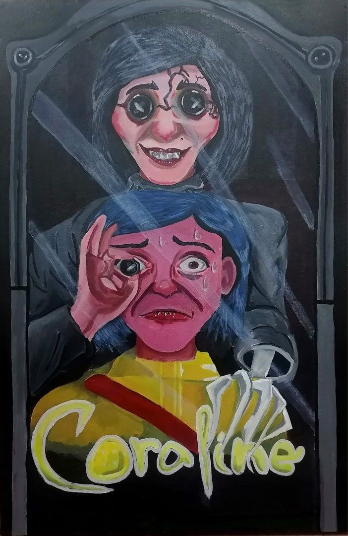 Coraline painting (Category: Art & Prints) located in Manila. Submitted by jazed003 (Listing ID 1454319987, Image 1). Description: - Hand-painted artwork inspired by the movie Coraline. - Features iconic characters and the movie title. - Ideal for fans of the film. - Unique wall art for bedrooms or living spaces. - Adds a touch of spooky charm to your decor. - acrylic painting on 24x36” canvas.