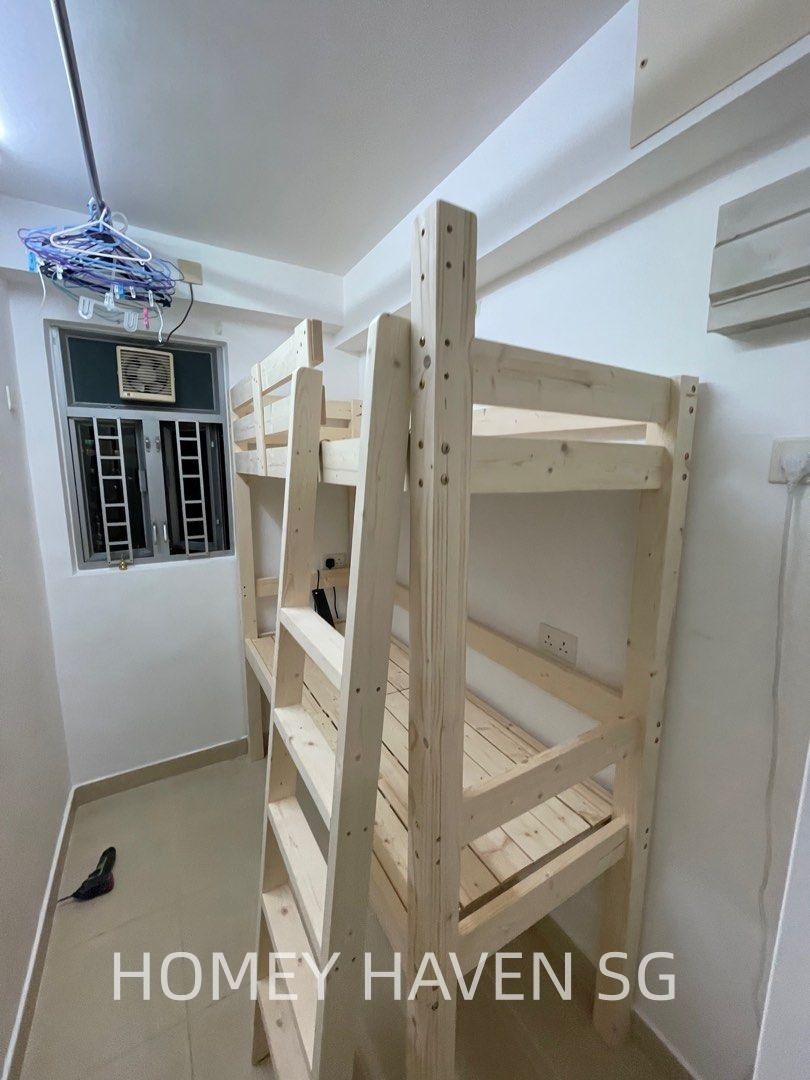 Custom Bunk Bed Solid Pine | Zero Formaldehyde (Category: Bed Frames & Mattresses) located in Singapore. Submitted by chetgrates31684 (Listing ID 1454207800, Image 3). Description: Brand‑new custom‑made solid pine bunk bed🛏️ Zero‑formaldehyde material, suitable for worker quarters & kids bedroom. ✅ Fully customisable: height, length, width, bed length can be shortened ✅ Available styles: bunk bed, loft bed, worker bed 📐Size & Price (SGD): ▫️80c