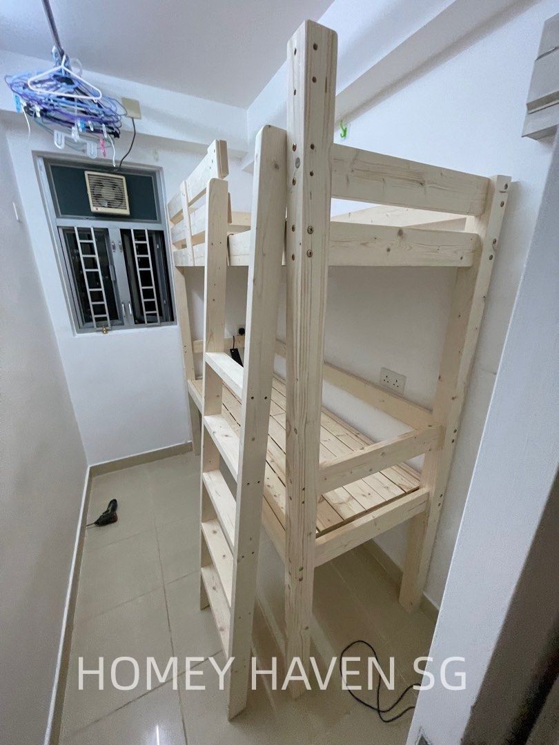 Custom Bunk Bed Solid Pine | Zero Formaldehyde (Category: Bed Frames & Mattresses) located in Singapore. Submitted by chetgrates31684 (Listing ID 1454207800, Image 1). Description: Brand‑new custom‑made solid pine bunk bed🛏️ Zero‑formaldehyde material, suitable for worker quarters & kids bedroom. ✅ Fully customisable: height, length, width, bed length can be shortened ✅ Available styles: bunk bed, loft bed, worker bed 📐Size & Price (SGD): ▫️80c