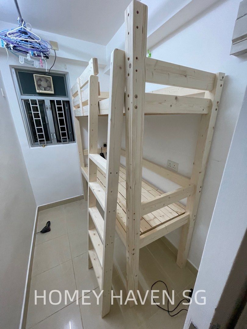 Custom Bunk Bed Solid Pine | Zero Formaldehyde (Category: Bed Frames & Mattresses) located in Singapore. Submitted by chetgrates31684 (Listing ID 1454207800, Image 2). Description: Brand‑new custom‑made solid pine bunk bed🛏️ Zero‑formaldehyde material, suitable for worker quarters & kids bedroom. ✅ Fully customisable: height, length, width, bed length can be shortened ✅ Available styles: bunk bed, loft bed, worker bed 📐Size & Price (SGD): ▫️80c