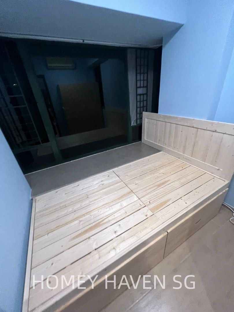 Custom Window Sill Bed | Solid Pine Zero Formaldehyde (Category: Bed Frames & Mattresses) located in Singapore. Submitted by chetgrates31684 (Listing ID 1454208270, Image 2). Description: Brand‑new custom‑made solid pine window sill bed🛏️ Zero‑formaldehyde solid pine wood, fit for window niche & worker room. ✅ Custom‑make any size ✅ Available styles: single wooden bed, loft bed, bunk bed, worker bed 📐Size & Price (SGD, without cabinet / drawers