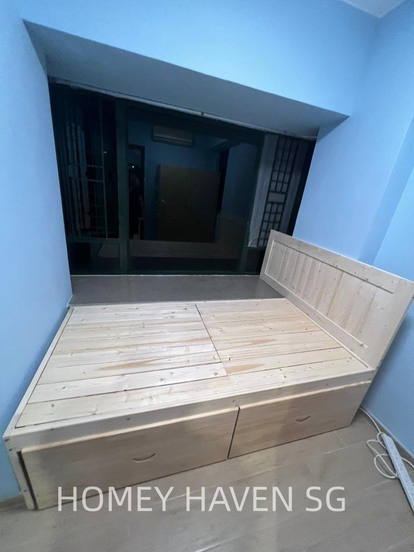 Custom Window Sill Bed | Solid Pine Zero Formaldehyde (Category: Bed Frames & Mattresses) located in Singapore. Submitted by chetgrates31684 (Listing ID 1454208270, Image 1). Description: Brand‑new custom‑made solid pine window sill bed🛏️ Zero‑formaldehyde solid pine wood, fit for window niche & worker room. ✅ Custom‑make any size ✅ Available styles: single wooden bed, loft bed, bunk bed, worker bed 📐Size & Price (SGD, without cabinet / drawers