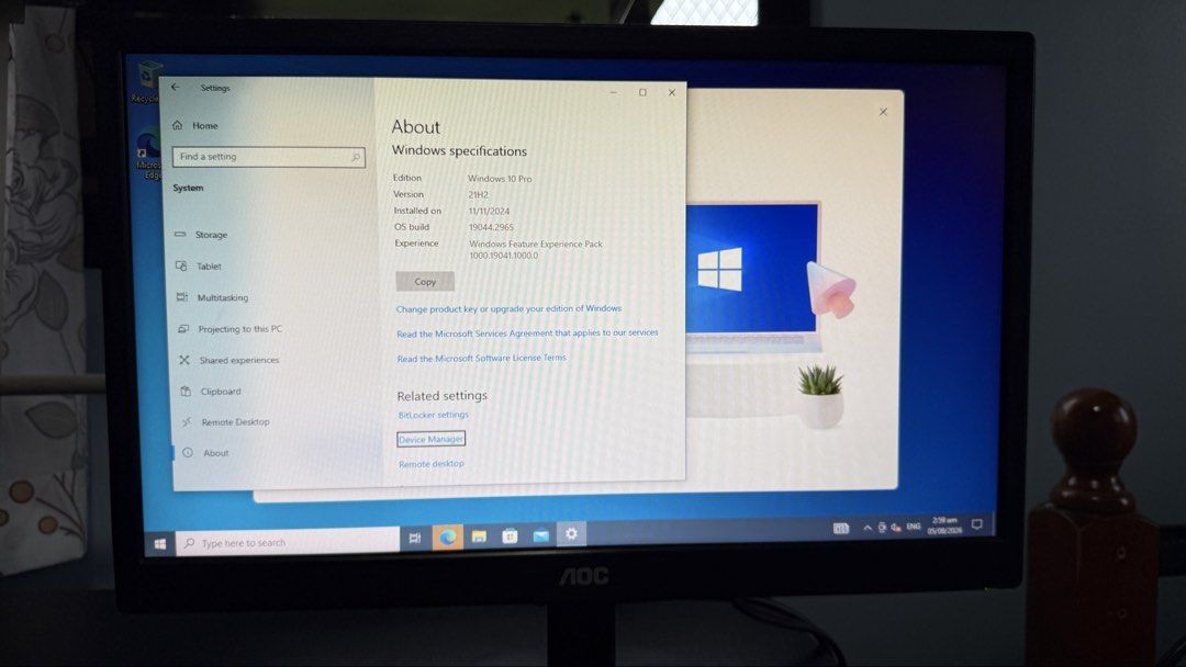 Desktop Computer Set (Category: Desktops) located in Alaminos. Submitted by jhean1323 (Listing ID 1454190160, Image 3). Description: - Complete Desktop Computer Set - Includes AOC Monitor - Custom Built PC - Processor: Intel Core i3-9100 - Memory: 8GB RAM - Operating System: Windows 10 Pro - Connectivity: Ethernet Cable Included - Ready for your daily computing needs.