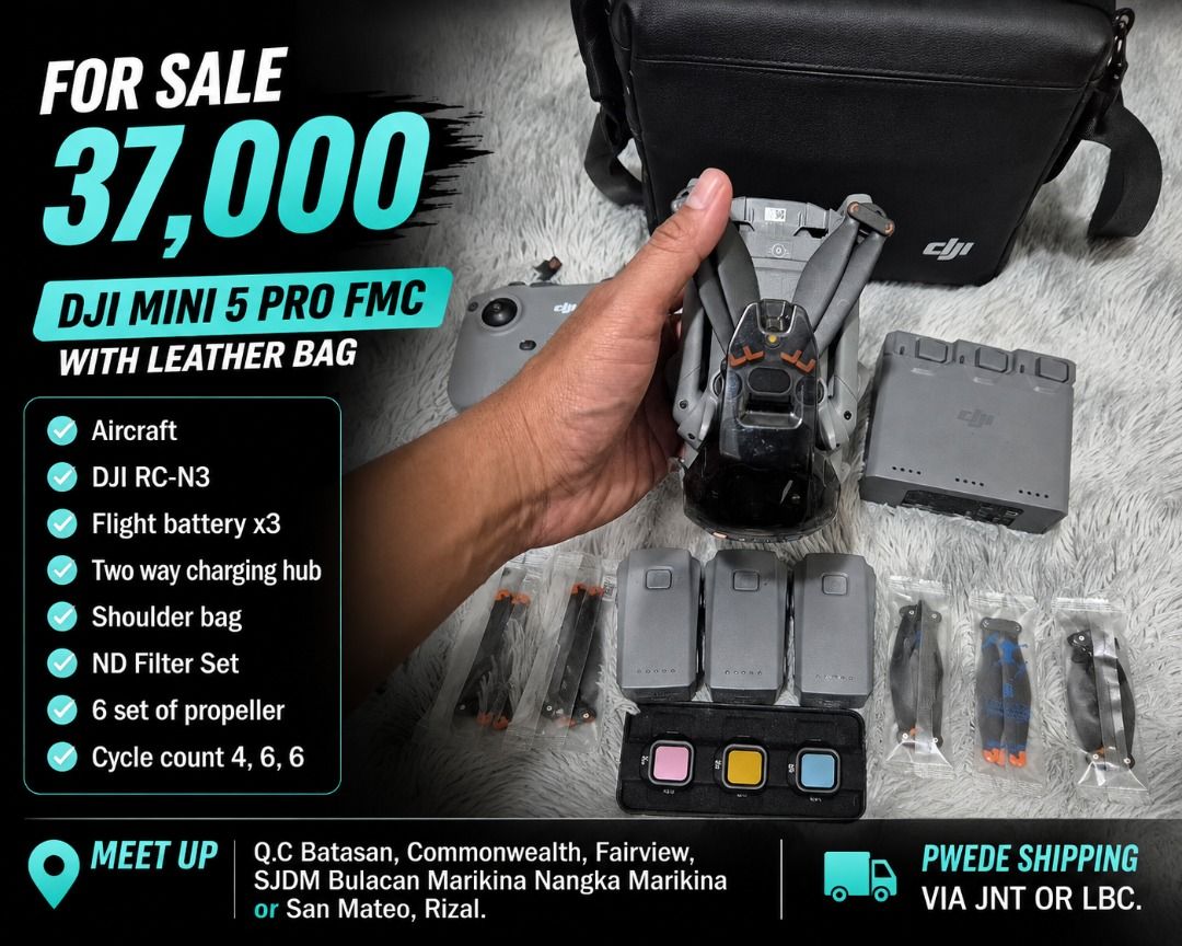 DJI Mini 5 Pro FMC (Category: Drones) located in Quezon City. Submitted by christianxz12345 (Listing ID 1454320902, Image 2). Description: For Sale 37,000 DJI Mini 5 Pro FMC Aircraft DJI RC-N3 Flight battery x3 Two way charging hub Shoulder bag ND Filter Set 6 set of propeller Cycle count 4, 6, 6 Meet up Q.C Batasan, Commonwealth, Fairview, SJDM Bulacan Marikina Nangka Marikina or San Mateo, Rizal. Pwede shipping via JNT or LBC..