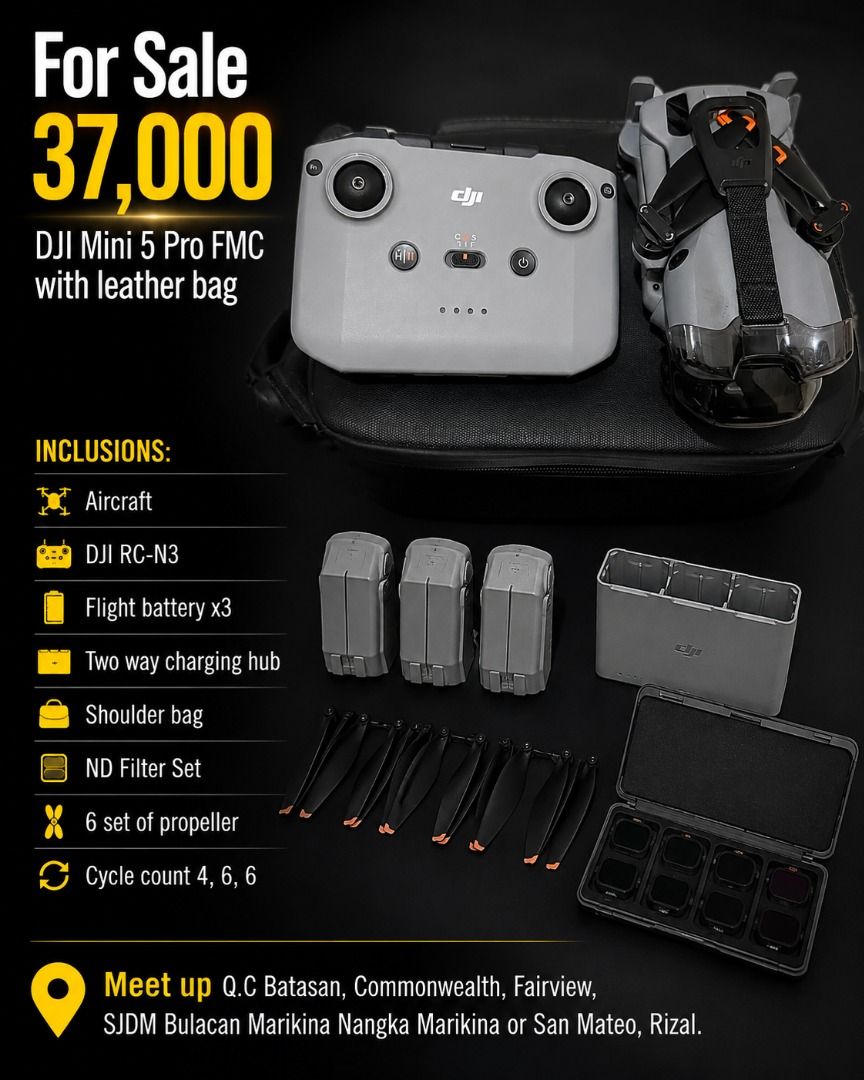 DJI Mini 5 Pro FMC (Category: Drones) located in Quezon City. Submitted by christianxz12345 (Listing ID 1454320902, Image 3). Description: For Sale 37,000 DJI Mini 5 Pro FMC Aircraft DJI RC-N3 Flight battery x3 Two way charging hub Shoulder bag ND Filter Set 6 set of propeller Cycle count 4, 6, 6 Meet up Q.C Batasan, Commonwealth, Fairview, SJDM Bulacan Marikina Nangka Marikina or San Mateo, Rizal. Pwede shipping via JNT or LBC..