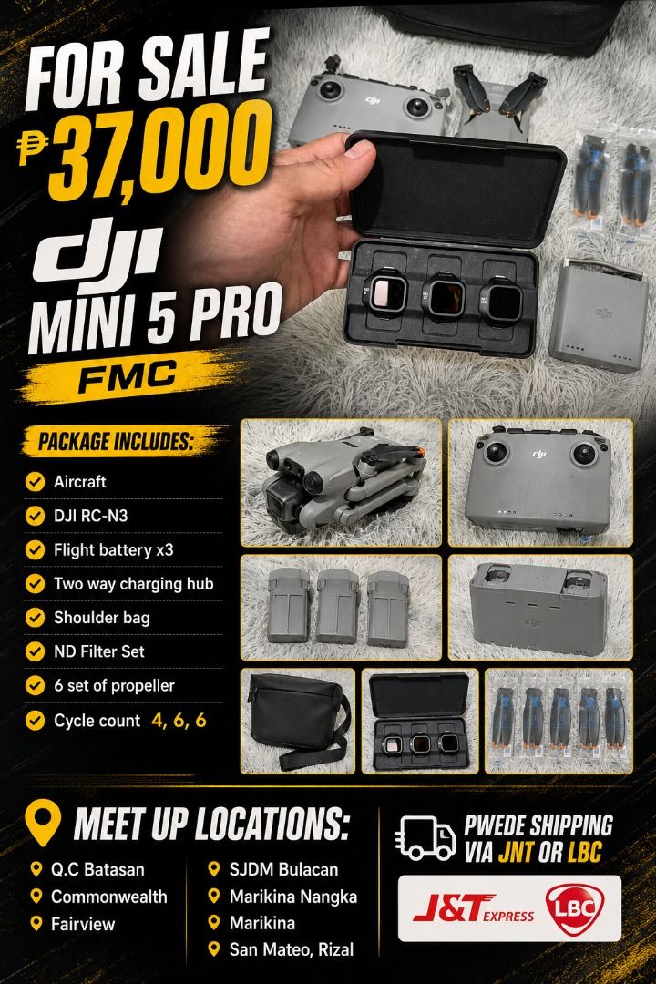 DJI Mini 5 Pro FMC (Category: Drones) located in Manila. Submitted by gadjetseller122889 (Listing ID 1454321450, Image 1). Description: For Sale 37,000 DJI Mini 5 Pro FMC Aircraft DJI RC-N3 Flight battery x3 Two way charging hub Shoulder bag ND Filter Set 6 set of propeller Cycle count 4, 6, 6 Meet up Q.C Batasan, Commonwealth, Fairview, SJDM Bulacan Marikina Nangka Marikina or San Mateo, Rizal. Pwede shipping via JNT or LBC..