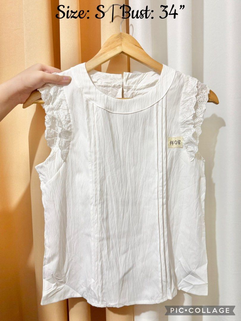 Elegant Ruffle Sleeve White Blouse (Category: Sleeveless) located in Quezon City. Submitted by everydayessentialsstudio (Listing ID 1454293120, Image 1). Description: A timeless white blouse featuring delicate ruffle sleeves and subtle pintuck details. Perfect for work, casual dates, Sunday gatherings, or everyday chic styling. 📌 Features: • Round neckline • Ruffle sleeves • Lightweight fabric • Relaxed fit • Easy to pair with jeans, skirts, or 