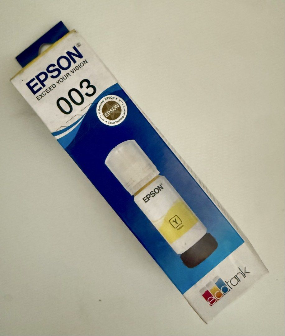 Epson 003 Genuine Ink Bottle (Category: Printers, Scanners & Copiers) located in Santa Rosa. Submitted by pioscloset (Listing ID 1454357655, Image 1). Description: Epson Ecotank Ink 003 Sealed Dirty box due to storage Best Before: 07.2028 Yellow, Cyan and Magenta 200 each RFS: Changed printer brand .
