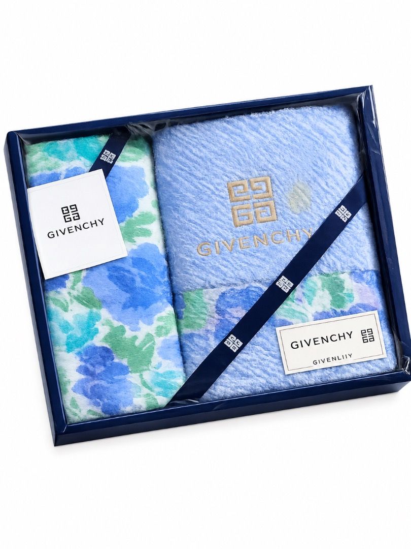 Givenchy Blue Floral Towel Set Gift Box (Category: Bath) located in Taguig. Submitted by Rare_findsmnl (Listing ID 1454215051, Image 1). Description: - Authentic Givenchy gift set - Includes a soft blue towel with embroidered logo and floral accents - Comes with a matching floral patterned item (towel or scarf) - Presented in a navy blue gift box with ribbon - Ideal for gifting or personal indulgence.