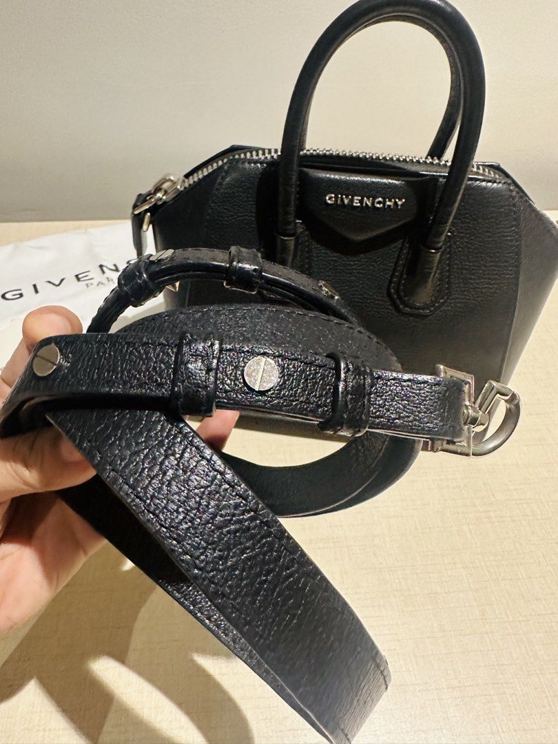 Givenchy Mini Antigona (Category: Luxury Bags & Wallets) located in Mandaluyong City. Submitted by archrach (Listing ID 1454275745, Image 3). Description: Preloved in very good condition; selling low for only P35k only; current retail value at $2100 plus taxes (see last photo from website) Mini handbag or crossbody bag in 100% black grained goatskin leather. Classic Antigona line; Zipper closure with GIVENCHY 4G zipper pull. Signature Pentagonal 