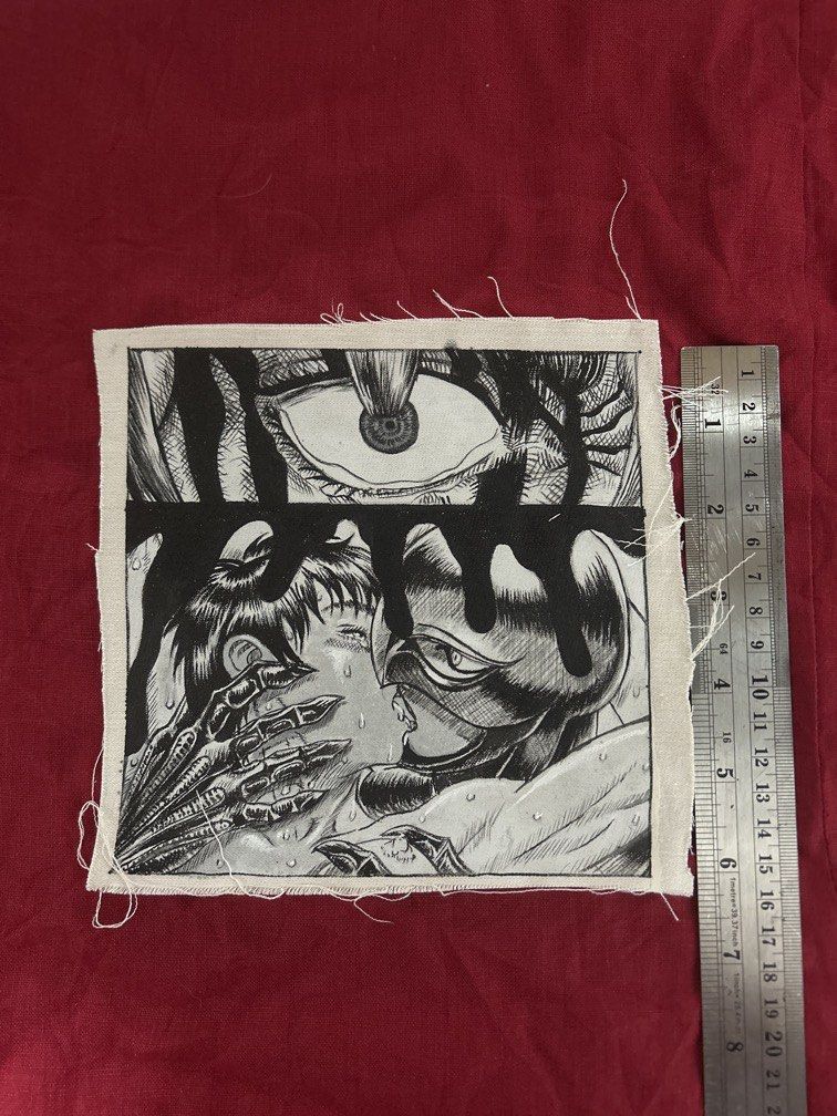 Hand painted patch (Eclipse from Berserk) (Category: Art & Prints) located in Plaridel. Submitted by eraxer___x___xtain (Listing ID 1454220559, Image 3). Description: • This fabric patch features a printed illustration from the dark fantasy manga series Berserk by Kentaro Miura. •The artwork depicts a highly traumatic scene known as “The Eclipse,” specifically highlighting the character Femto interacting with Casca while Guts is forced to watch..