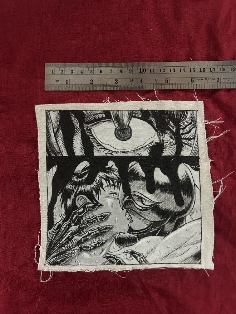 Hand painted patch (Eclipse from Berserk) (Category: Art & Prints) located in Plaridel. Submitted by eraxer___x___xtain (Listing ID 1454220559, Image 2). Description: • This fabric patch features a printed illustration from the dark fantasy manga series Berserk by Kentaro Miura. •The artwork depicts a highly traumatic scene known as “The Eclipse,” specifically highlighting the character Femto interacting with Casca while Guts is forced to watch..