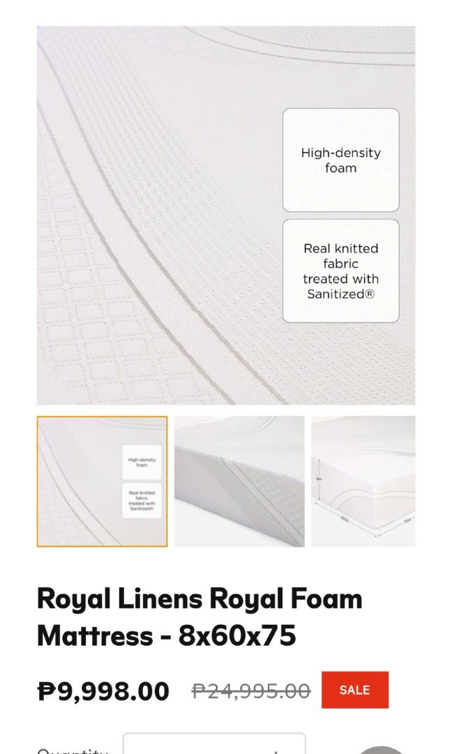 High-Density Foam Mattress - Queen Size (Category: Bed Frames & Mattresses) located in Pasig City. Submitted by iamabsoluteva (Listing ID 1454306319, Image 3). Description: Royal Linens Royal Foam Mattress Queen size mattress - 8 inches thick - High-density foam for excellent support - Real knitted fabric cover - Sanitized treated for hygiene - Comfortable and durable - Perfect for a restful night's sleep.