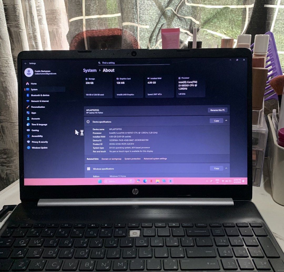 HP Laptop 15s (Category: Laptops & Notebooks) located in Calamba. Submitted by cedi.stuff (Listing ID 1454296978, Image 1). Description: Basa muna description bago message Price is still slightly negotiable Intel(R) Core(TM) i3-1005G1 CPU @ 1.20GHz processor 4.00 GB RAM DDR4 256 GB NVME SSD Storage Windows 11 Home and still ipdating Issues: garalgal speaker, some keypad are not working, need to plug para magamit at needs cleaning. Payments via ba