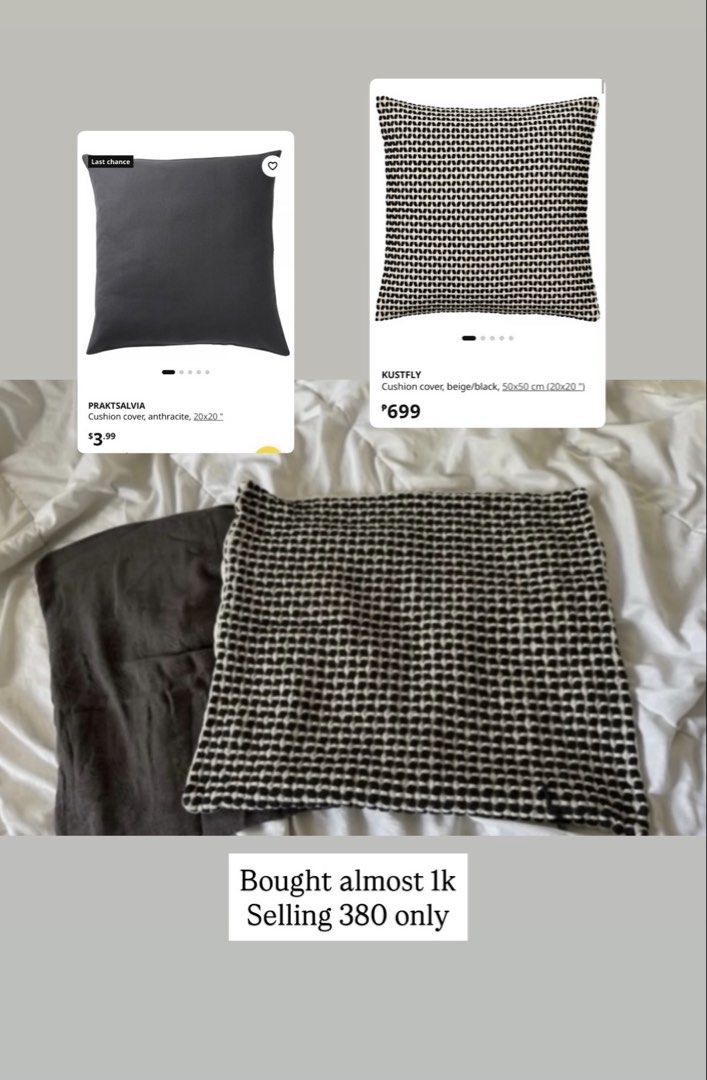 IKEA Cushion Covers (Category: Cushions & Throws) located in Batangas. Submitted by gaprelovedthings (Listing ID 1454227248, Image 1). Description: - Set of 2 IKEA cushion covers - PRAKTSAL гэта (anthracite, 20x20") - KUSTFLY (beige/black, 20x20") - Both in great, pre-loved condition, issue see photo - Original price almost P1,000 - Selling both for only P380 - Ideal for updating your home decor.