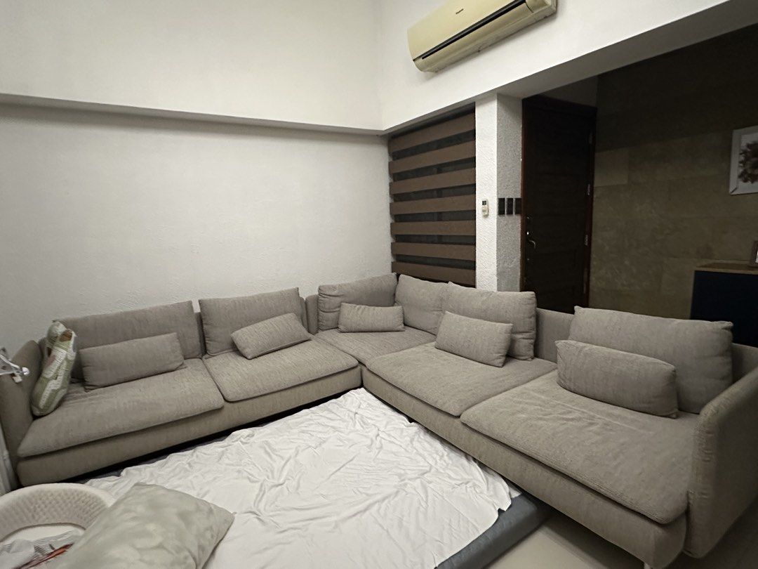 IKEA Sofa 5 Seat with Cushions (Category: Sofas) located in Quezon City. Submitted by ohayo_manila (Listing ID 1454310863, Image 1). Description: Selling IKEA SÖDERHAMN sectional sofa - 5-seat - Viarp beige/brown - Removable sofa covers - 291cm x 291cm x 99cm - used for 1year 3 months - 2 pillow covers with a small hole. Can send pic upon inquiry. RFS: bought a new sofa .