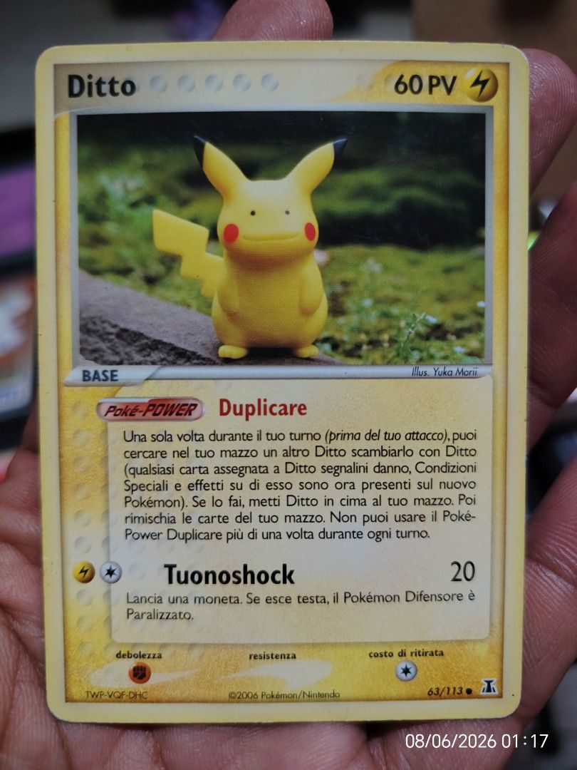 Italian Ditto Pikachu Pokemon Card (Category: Raw Singles) located in Kalibo. Submitted by anything_random (Listing ID 1454224852, Image 1). Description: - Italian Ditto Pikachu Pokemon Card - HP - Ex detla species.