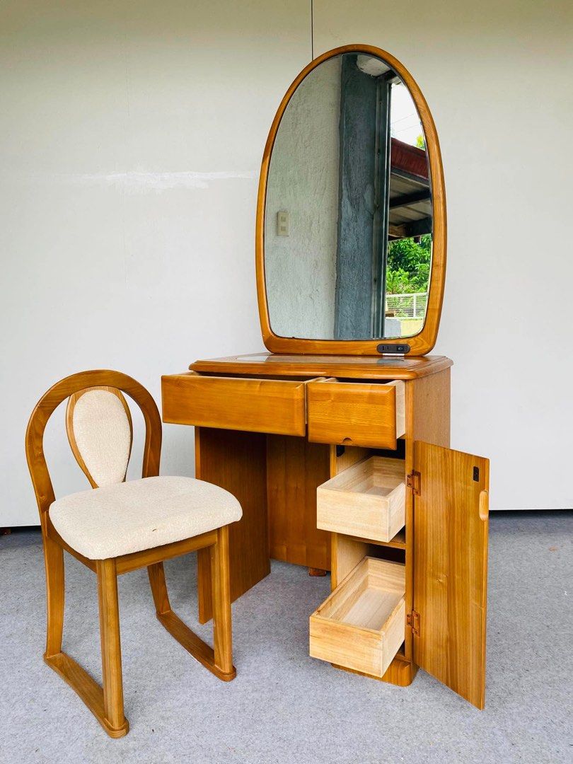 “JAPAN SURPLUS” VANITY DRESSER (Category: Tables & Sets) located in Bulacan. Submitted by monmon555 (Listing ID 1454348840, Image 2). Description: “JAPAN SURPLUS” VANITY DRESSER SIZE: Table: 24L” x 15.5W” x 28-59.5H” inches Stool: 14L” x 15W” x 17-27H” inches (AS-IS ITEM) IN GOOD CONDITION.