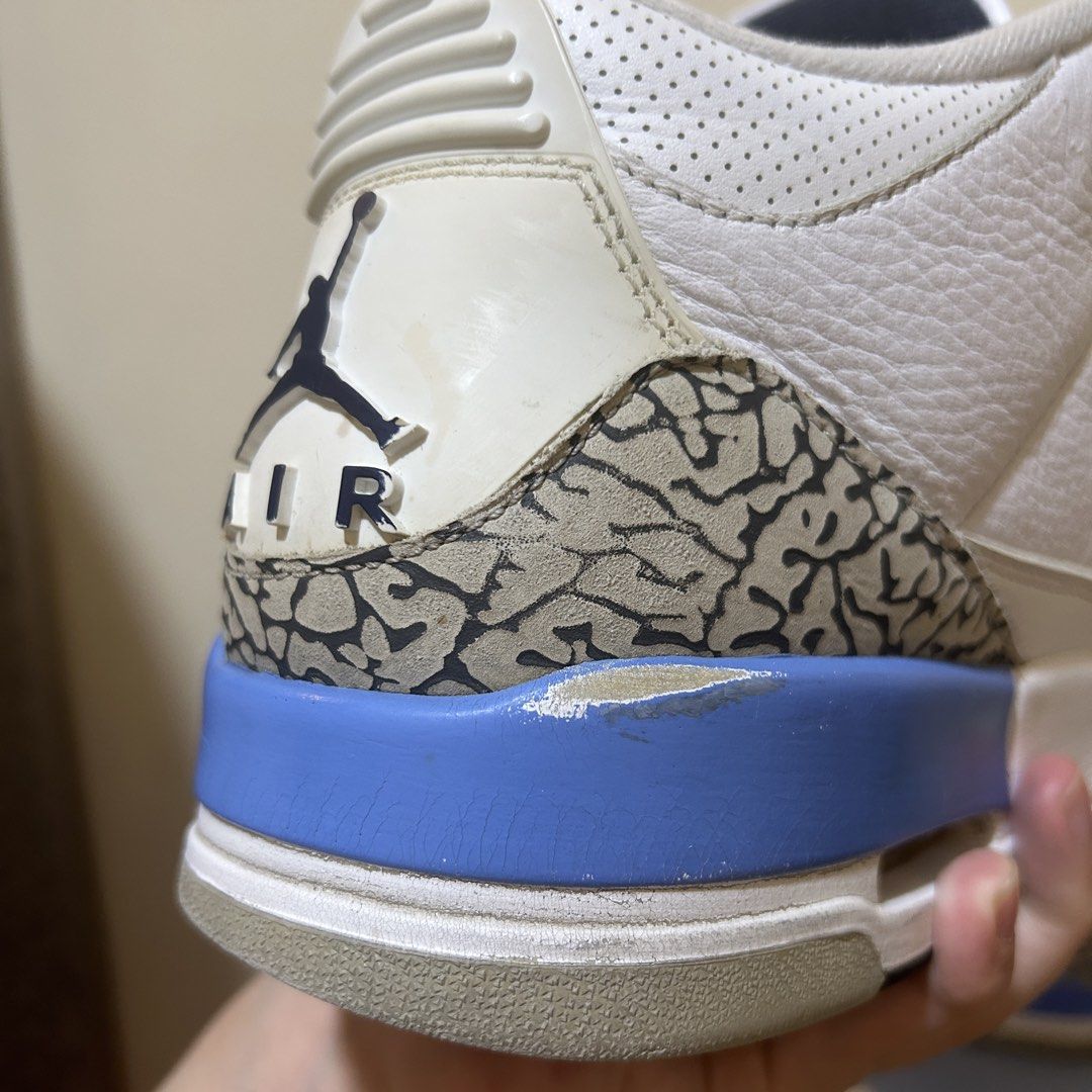 Jordan 3 Retro UNC (Category: Sneakers) located in Paranaque City. Submitted by lnce.e (Listing ID 1454297737, Image 2). Description: Bought from YOLO MNL in 2022 Professionally cleaned US 11 Beaters Condition Major issues: - Severe yellowing on front part of midsole (both shoes) - Paint cracking & fading (needs repaint) - Star loss & drags - Needs stitching in one of the insoles - Minimal sole seps around both shoes Includes original box, papers