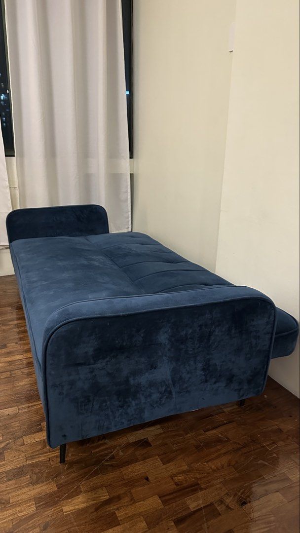 Karla Blue Velvet Sofabed (Category: Sofas) located in San Juan City. Submitted by rainiellejeremy18 (Listing ID 1454247610, Image 3). Description: Karla Velvet Sofa bed for sale : P 3,500 Only Condition: 2nd hand Dimensions: Length 206cm Width 70cm Height 60cm Known Issue: -Couch spring not uniform -right shoulder rest loose needs repair Location - Mandaluyong City, near Greenfield City.