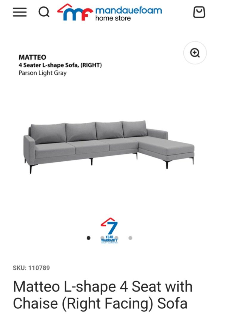Matteo 4 Seater L-Shape Sofa (Right Facing) - Light Gray (Category: Sofas) located in Pasig City. Submitted by iamabsoluteva (Listing ID 1454304961, Image 1). Description: - Matteo L-shape Sofa - 4-seater with chaise on the right - Color: Parson Light Gray - Dimensions: 320cm (width) x 125.9cm (depth) - Still under warranty - Ideal for living rooms.