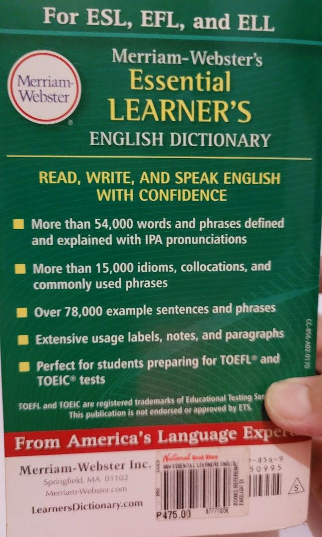 MERRIAM WEBSTER ESSENTIAL LEARNERS ENGLISH DICTIONARY (Category: Textbooks) located in Quezon City. Submitted by fabshoppe2001 (Listing ID 1454232318, Image 2). Description: MERRIAM WEBSTER LEARNER DISCTIONARY PERFECT FOR STUDENTS. ISSUE: DISCOLORATION BUT READABLE MOP: GCASH MOD: LALAMOVE LOC: QUEZON CITY.