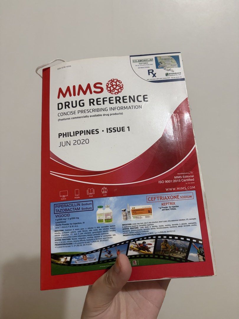 MIMS Drug Reference Philippines Issue 1 Jun 2020 (Category: Textbooks) located in Manila. Submitted by kayla1230 (Listing ID 1454245844, Image 1). Description: - MIMS Drug Reference for the Philippines - Issue 1, dated June 2020 - Concise prescribing information for available drugs - Features Piperacillin Sodium Tazobactam Sodium, Ceftriaxone Sodium, Tamsulosin Hydrochloride - Essential for medical professionals and students.