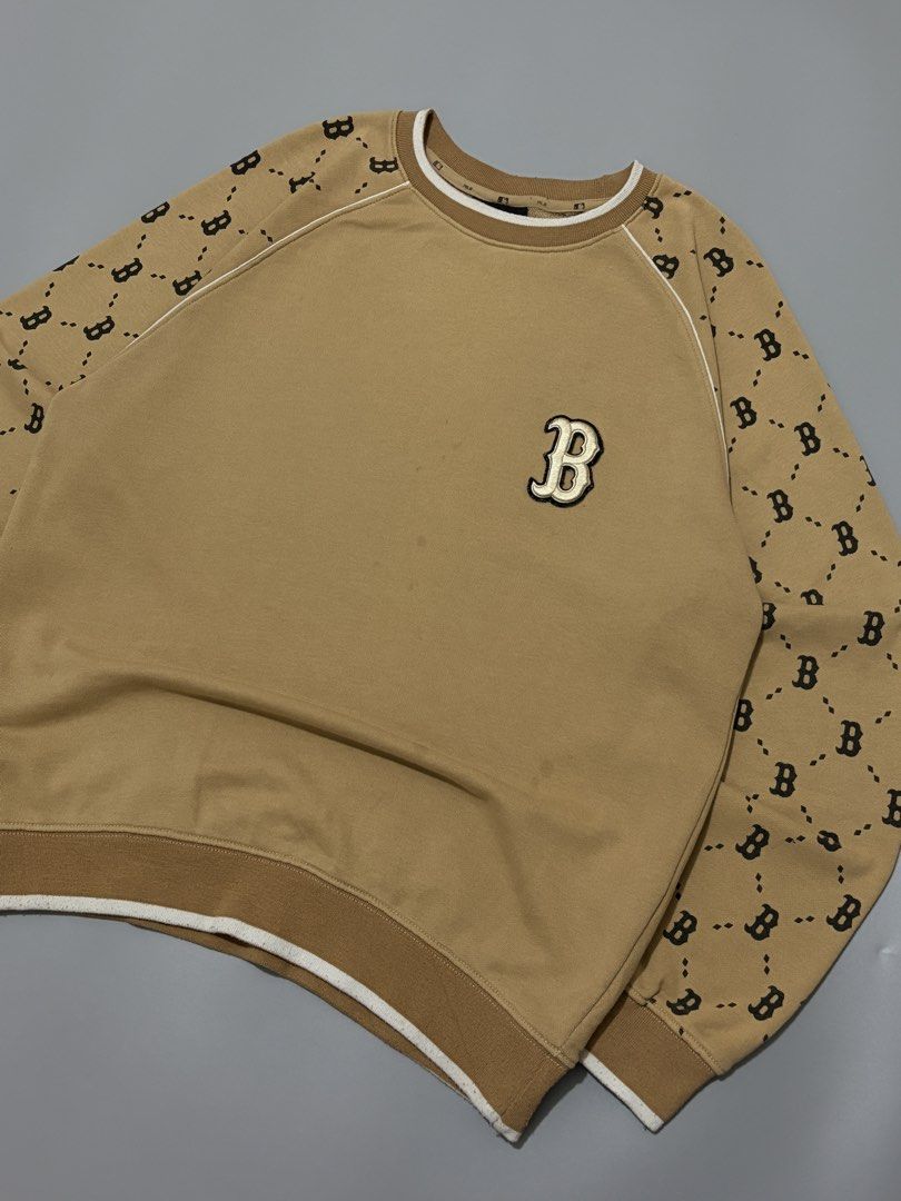 MLB Boston Red Sox Monogram Crewneck Sweatshirt (Category: Coats, Jackets and Outerwear) located in Manila. Submitted by urboycee (Listing ID 1454354218, Image 2). Description: - MLB crewneck sweatshirt - Features Boston Red Sox 'B' logo on chest - All-over monogram print on sleeves - Raglan sleeves with white piping detail - Ribbed cuffs and hem - Size: Medium.