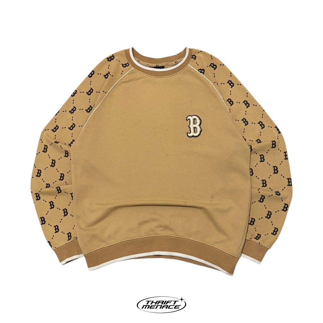 MLB Boston Red Sox Monogram Crewneck Sweatshirt (Category: Coats, Jackets and Outerwear) located in Manila. Submitted by urboycee (Listing ID 1454354218, Image 1). Description: - MLB crewneck sweatshirt - Features Boston Red Sox 'B' logo on chest - All-over monogram print on sleeves - Raglan sleeves with white piping detail - Ribbed cuffs and hem - Size: Medium.