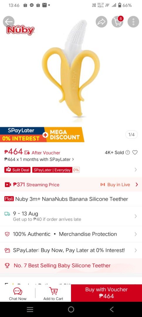 Nuby Banana Silicone Teether 3m+ (Category: Soothers & Pacifiers) located in Mandaue City. Submitted by rondero_zioon (Listing ID 1454221041, Image 3). Description: - Nuby NanaNubs Banana Silicone Teether - Ideal for babies 3 months and up - Textured surface to soothe sore gums - Easy for little hands to grip - BPA-free material - Helps relieve teething discomfort.