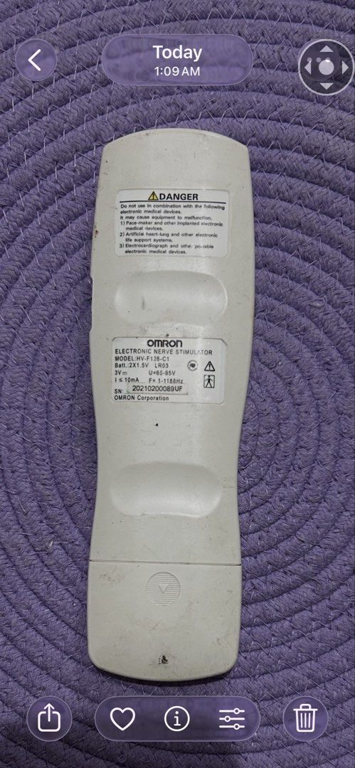 Omron HV-F128 Electronic Nerve Stimulator (Category: Medical Supplies & Tools) located in Manila. Submitted by ecesmart (Listing ID 1454243969, Image 2). Description: - Omron HV-F128 Electronic Nerve Stimulator - Effective for pain relief - Multiple Modes: Soothe, Relieve, Region, Massage, Hyper, Soft - Adjustable Settings: Repeat, Point, Special Mode, Wide Purchased AT SM APPLIANCE STORE CUBAO BRANCH on 2025 Note you need to buy a cable and pad 